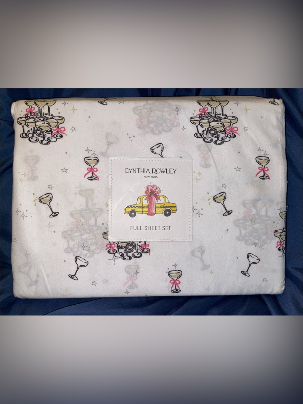 Cynthia Rowley White Sheet Set with Gold Toasting Motif